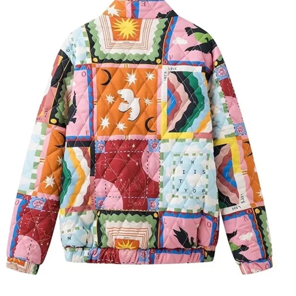 Bohemian Printed Y2K Quilted Patchwork Puffer Jacket L - Picture 2 of 7